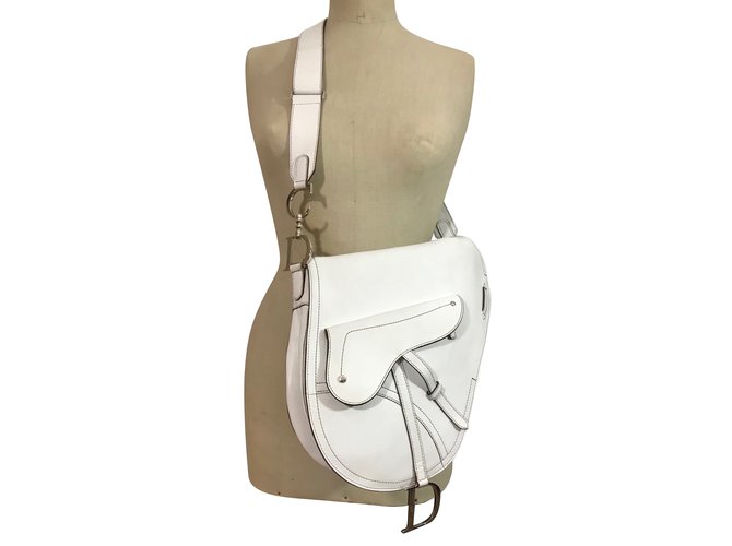 Christian-Dior-Saddle-Bag-Leather-Shoulder-Bag-Hand-Bag-White