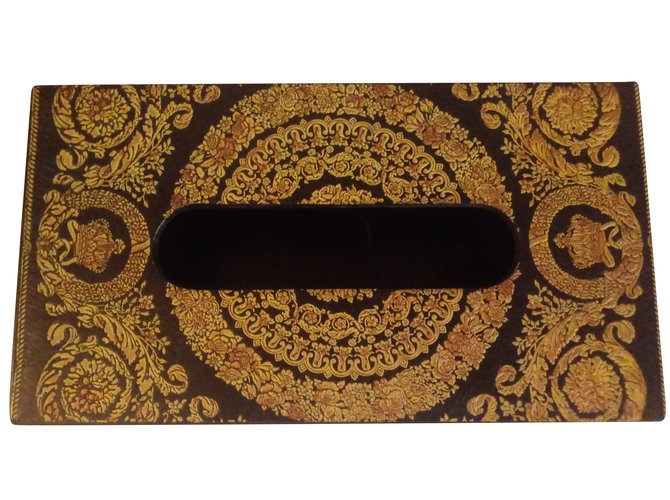 Gianni Versace Tissue-Box Schwarz Golden Leder  ref.85333