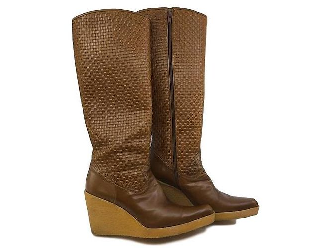 Stuart Weitzman Caramel Woven Leather Knee High Boots