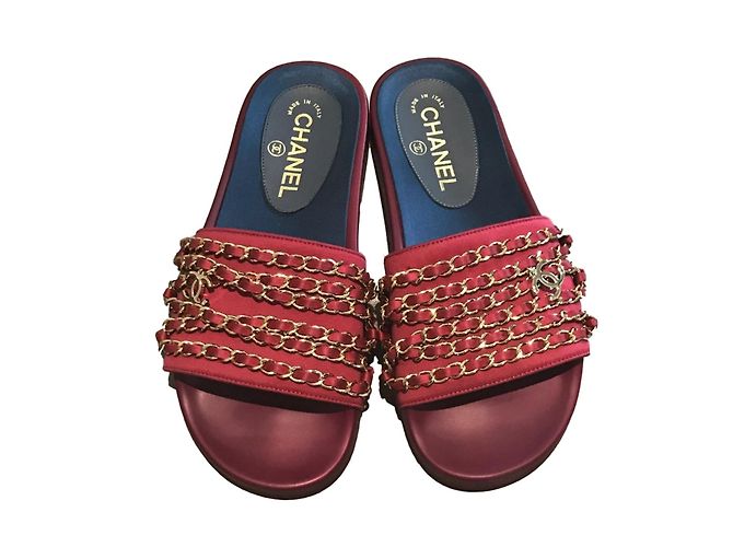 Chanel Red Satin Chain Slides slippers