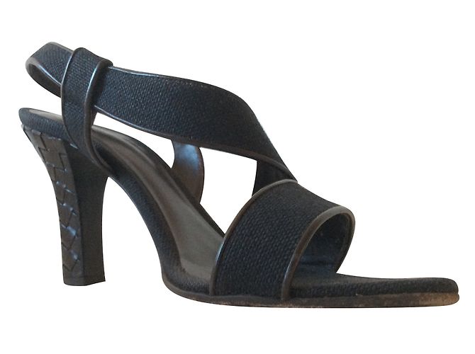 Sandali Bottega Veneta Intrecciato Pelle e Lino Nero Marrone Marrone scuro