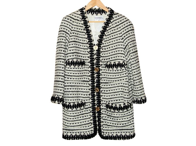 Giacca lunga in tweed di ecru e lana nera di Chanel, Circa 1990/95 Nero Bianco sporco Seta  ref.86318