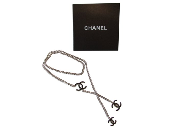 Chanel cinture Nero Argento Metallo  ref.86585