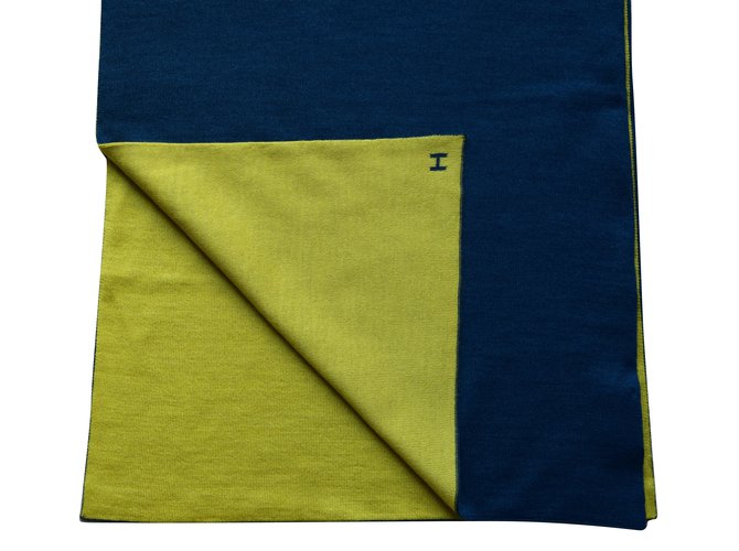 Hermès scarf Blue Light green Silk Cashmere  ref.86630