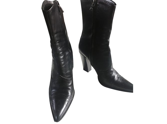Prada Black Leather Ankle Boots 10 cm Heels