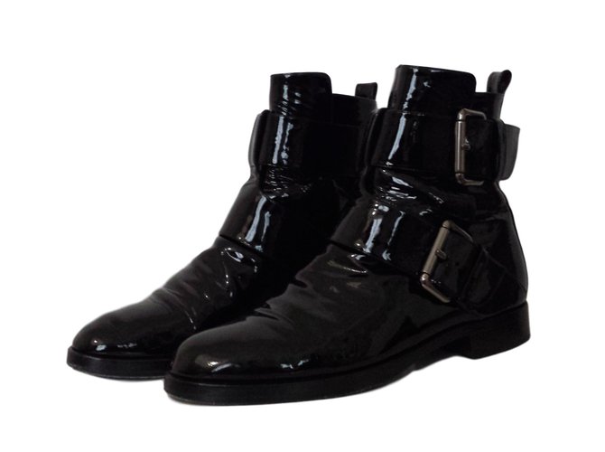 Pierre Hardy Black Double-buckle Motorcycle Patent Calf Leather Ankle Boots Patent leather  ref.87132