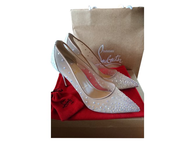 Christian Louboutin Pumps Silvery Leather Pearl Silver-plated Tulle  ref.87218