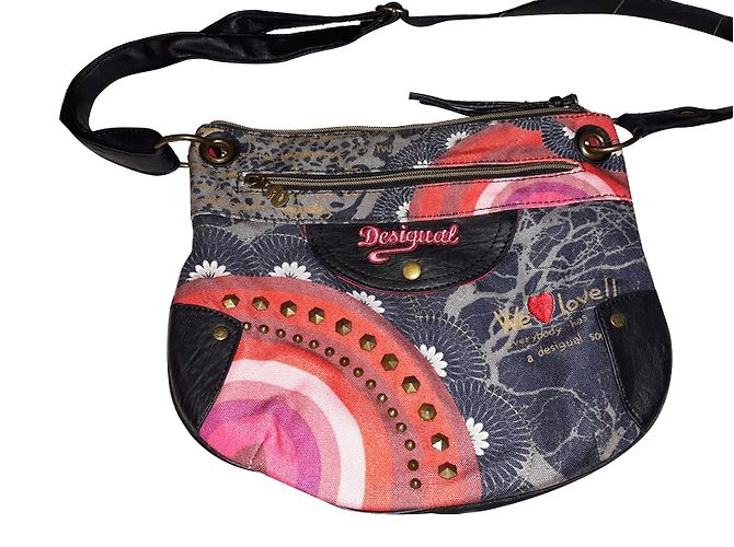 Bolsa de ombro Desigual em couro e tecido Multicor