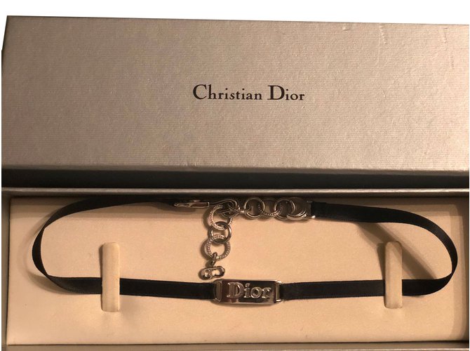 Christian Dior Gargantilha Dior Preto Prata Metal Cetim  ref.87853