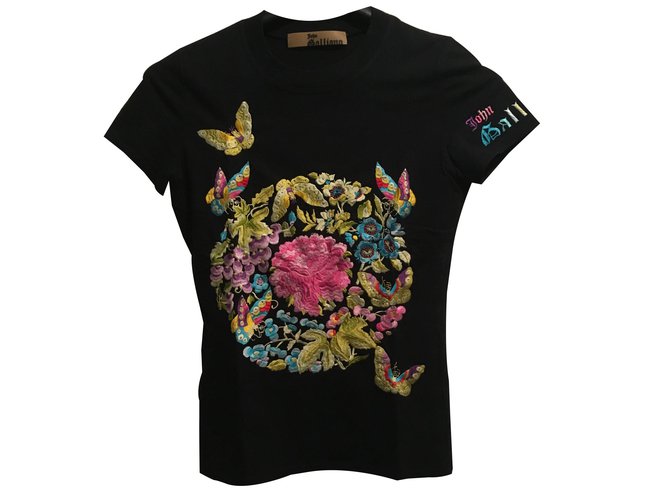John Galliano Embroidered t-shirt Black Pink Blue Green Yellow Cotton  ref.87879