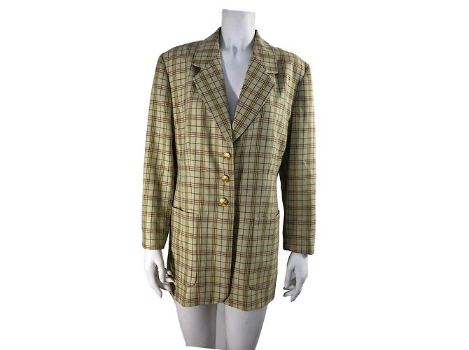 Giacca Blazer Louis Féraud a Quadri Marrone e Verde Chiaro Seta Lana