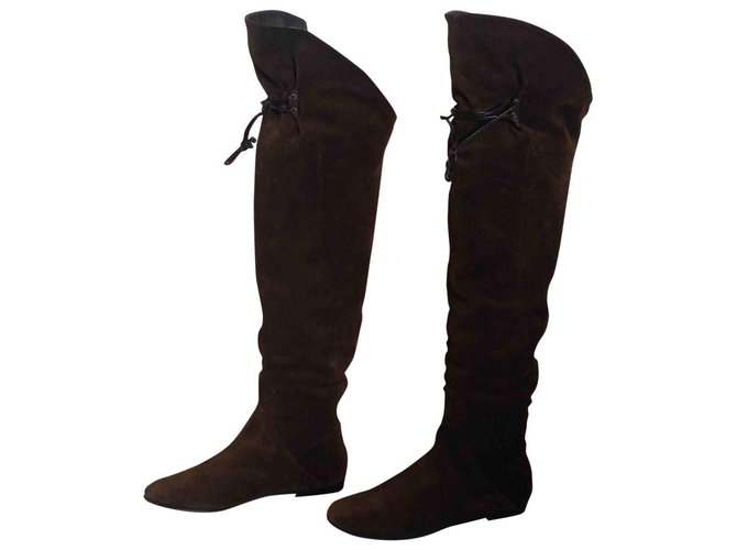 Giuseppe Zanotti Thigh-high flat boots Dark brown Deerskin  ref.88120