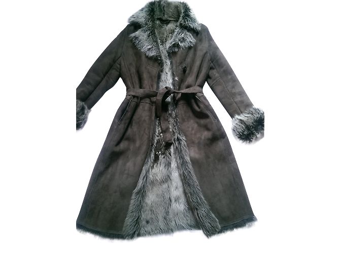 Autre Marque Your Name Leder Mantel Khaki mit Gürtel
