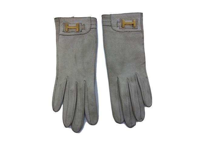 Hermès Lederhandschuhe Hellgrau mit goldener Hardware Größe 6 