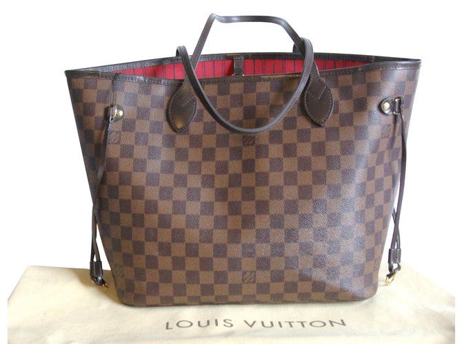 Louis Vuitton Neverfull Handbags Leather Cloth Red Dark