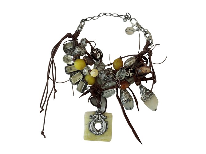 Autre Marque Necklace Brown Silvery Yellow Light green Leather Silver Wood  ref.88899