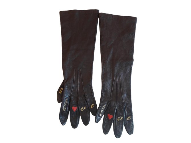 Moschino gloves in leather decorated ' Dark brown  ref.89077