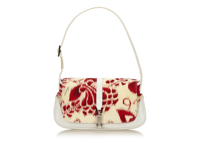 Gucci Printed Nylon Jackie Baguette White Red Cream Leather Cloth  ref.89178