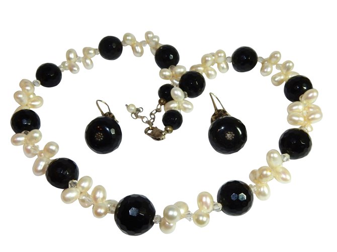 Autre Marque Collar y pendientes de perlas cultivadas. Negro Blanco Vidrio  ref.89318