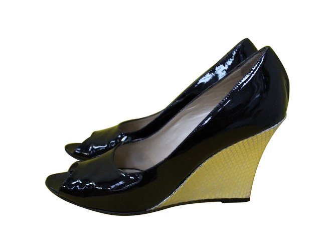 Russell & Bromley Patent Peeptoes with silver wedge Black Silvery Patent leather  ref.89369