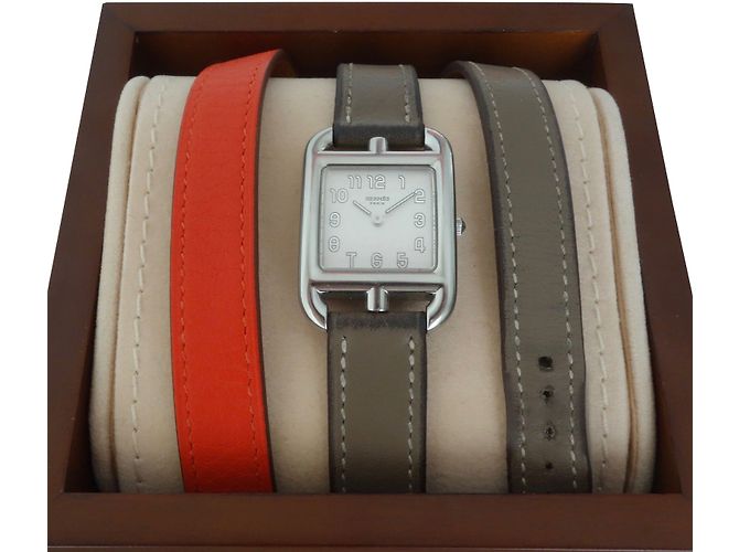 Hermès UHR HERMES CAPE COD PM Orange Taupe Leder Stahl