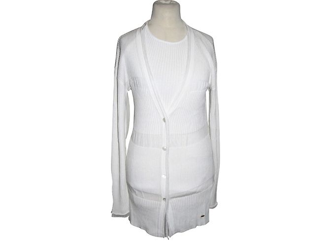 Escada Twin Set Strickjacke und Weste Weiß Baumwolle Viskose