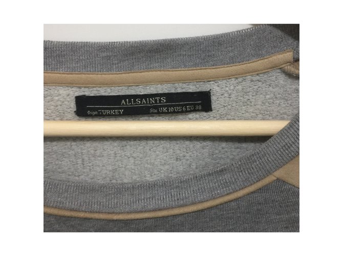 All Saints Suede sleeve sweater Beige Grey Cotton Modal  ref.89706