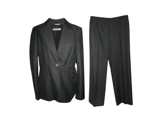 Max Mara Pinstripe trouser suit Dark grey Silk Wool  ref.89726