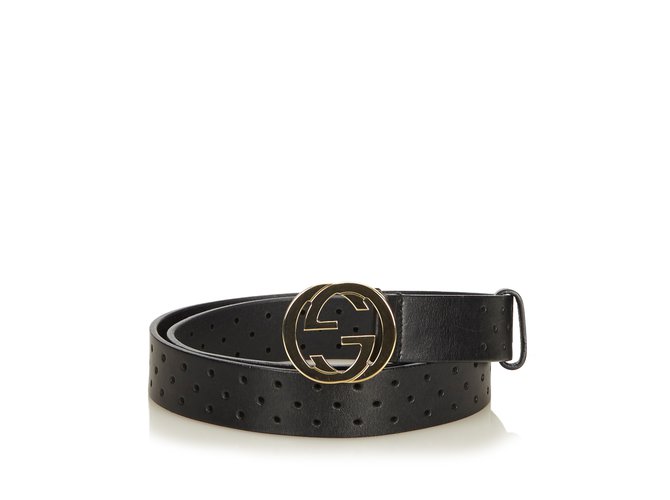 Gucci Perforated Leather Interlocking GG Belt Black Golden Metal  ref.89783