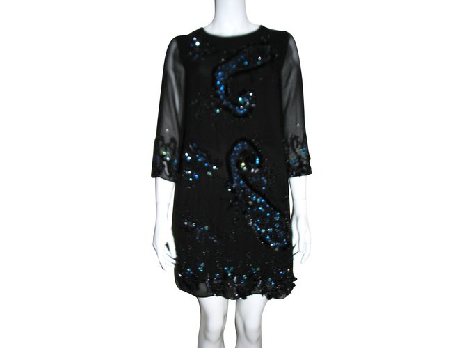 Autre Marque Chiffon-Kleid von Hand verziert Schwarz Polyester  ref.89870
