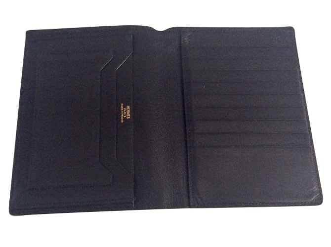 Hermès carteras Negro Cuero  ref.89916