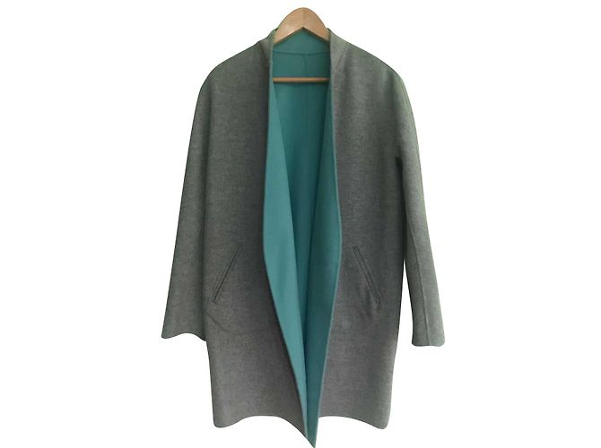 No Brand Handmade Reversible Wool Coat Green Grey Size 36