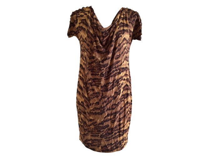 Diane Von Furstenberg Vestido de seda de Gorro Castaño Estampado de leopardo Caramelo  ref.90134