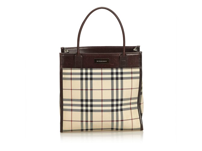 Burberry Plaid Coated Canvas Handbag Brown Multiple colors Beige Leather Cloth Cloth  ref.90478