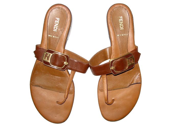 Fendi Leather Monogram Buckle Flip Flops Brown