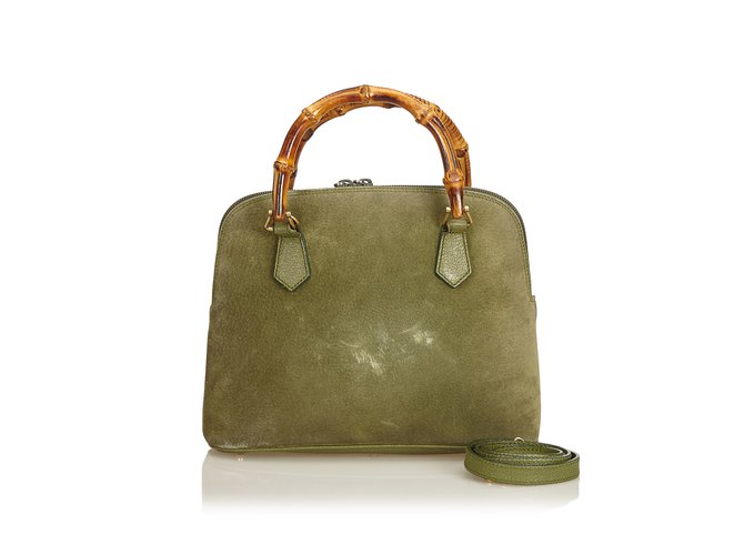 Gucci Suede Bamboo Satchel Green Leather  ref.90752