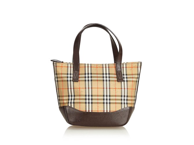 Burberry Plaid Canvas Handbag Brown Multiple colors Beige Leather Cloth Cloth  ref.90794
