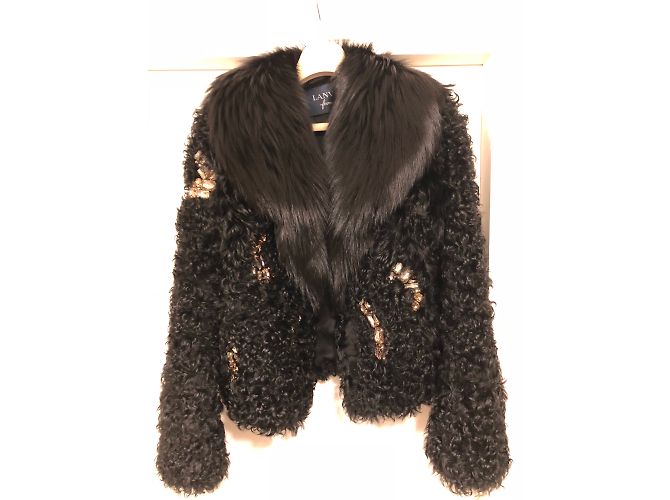 Lanvin Black Fur Jacket with Gem Embroidery