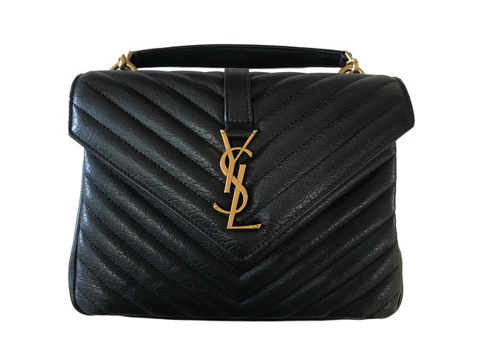 Saint Laurent YSL College Monogram Calfskin Large Black Gold Shoulder Bag  w/ Tag