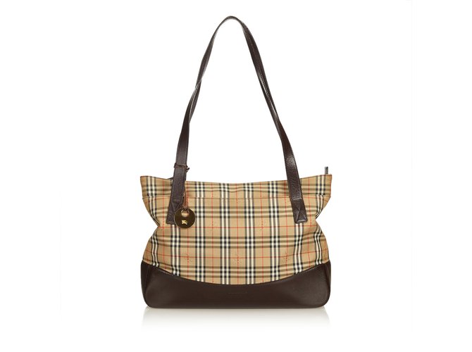 Burberry Plaid Canvas Tote Bag Brown Multiple colors Beige Leather Cloth Cloth  ref.91120