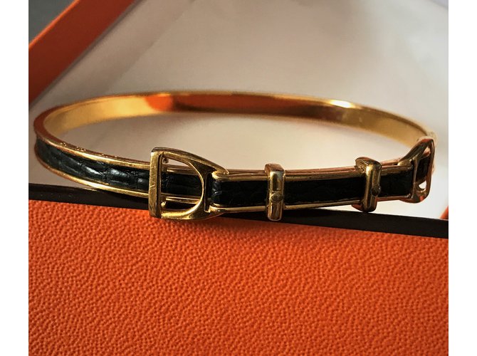 Hermès Hermosa pulsera plateada de oro de la vendimia 18 quilates y lagarto verde oscuro Dorado Chapado en oro  ref.91185