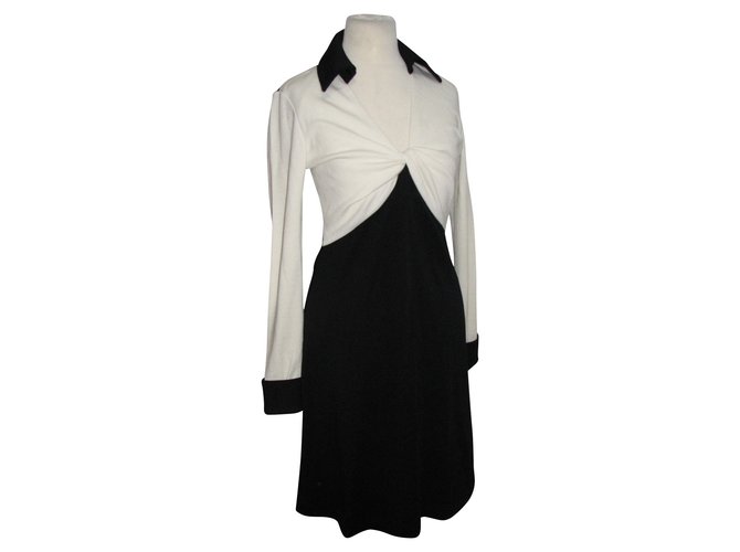 Diane Von Furstenberg Robe chemise en laine à torsades sur le devant Noir Blanc  ref.91191