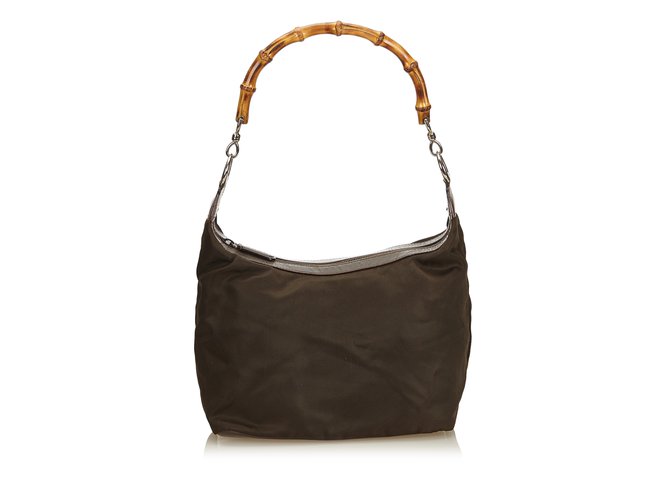 Gucci Bamboo Nylon Handbag Brown Dark brown Leather Cloth  ref.91304