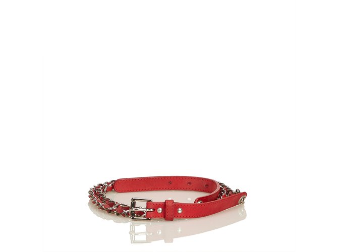 Chanel Chain-Link Waist Belt Silvery Red Leather Metal  ref.91353