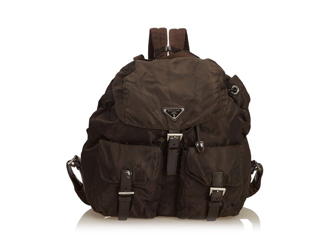 Prada Nylon Backpack Brown Dark brown Leather Cloth  ref.91376