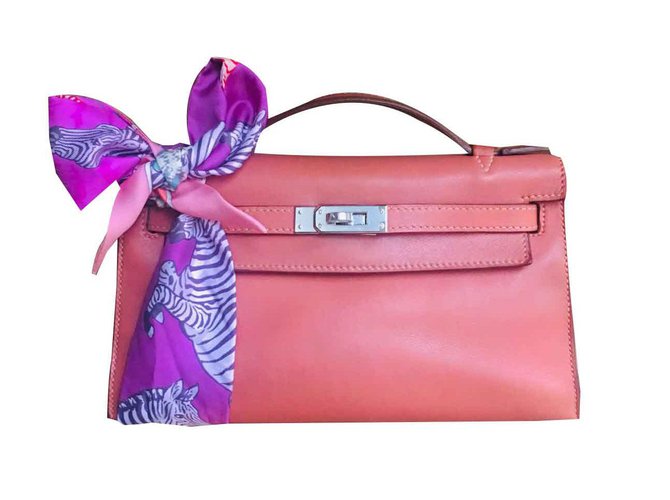 Hermès MUY BONITO EMBRAGUE KELLY Swift Rosewood Bag con Twilly Rosa Cuero  ref.91413