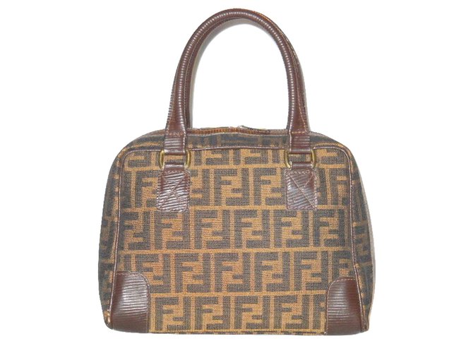 Fendi Vintage handbag Zucca brown Black Leather Cloth  ref.91447