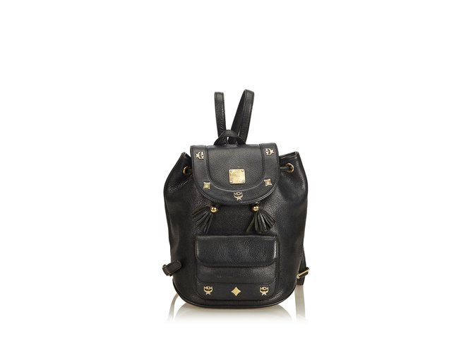 MCM Mochila Mini De Cuero Negro Becerro  ref.91552