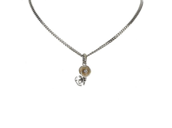 Chanel Rhinestone CC Necklace Silvery Metal  ref.91575