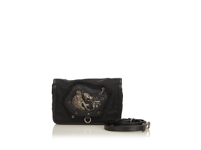 Prada Nylon Crossbody Bag Black Leather Cloth  ref.91587